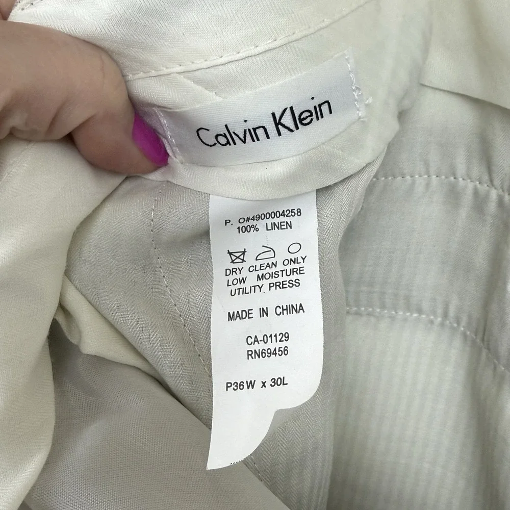 Calvin Klein Mens 36x30 100% Linen Dress Pants Beige Khaki Flat Front Trousers